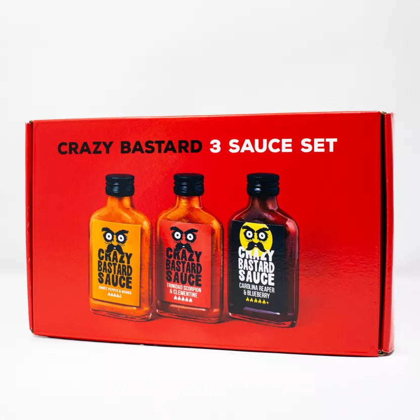 „Crazy Bastard“ aštrių padažų rinkinys, 3 vnt. – labai aštrus – priekinis vaizdas | Beata Nicholson