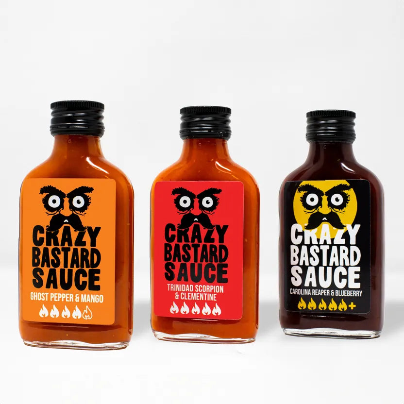 „Crazy Bastard“ aštrių padažų rinkinys, 3 vnt. – labai aštrus – šoninis vaizdas | Beata Nicholson