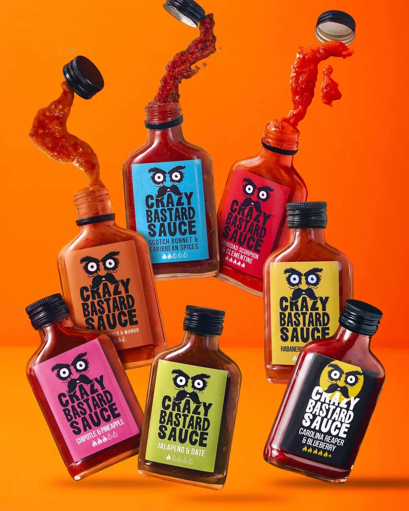 „Crazy Bastard“ aštrių padažų rinkinys, 7 vnt. – nuo švelnaus iki labai aštraus, 100 ml x 7 – detalės vaizdas | Beata Nicholson