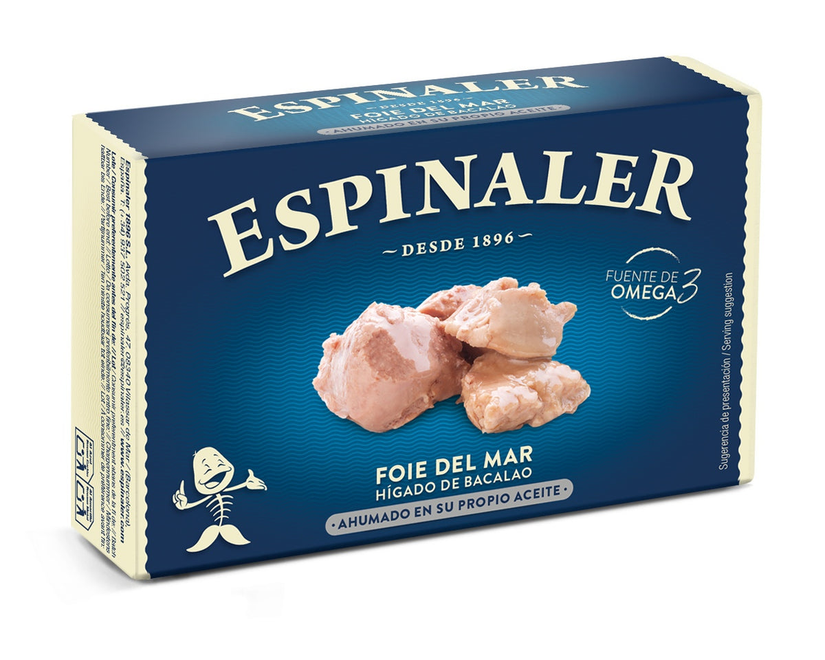 Rūkytos menkių kepenys savo aliejuje, 100 g | Espinaler – priekinis vaizdas (mažmenininko nuotrauka) | Beata Nicholson
