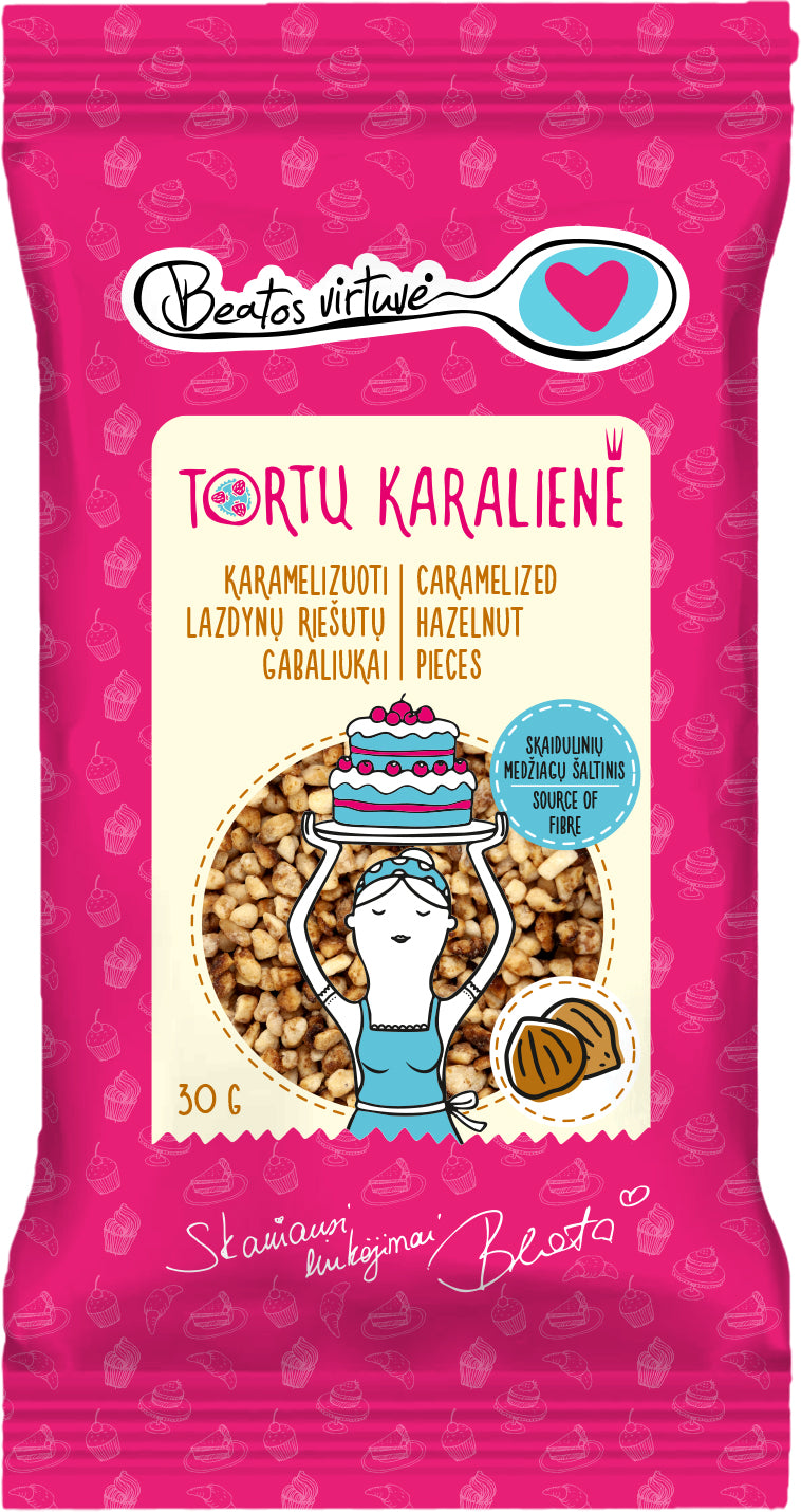 Karamelizuoti lazdynų riešutų gabaliukai „Tortų karalienė“ | Natūralūs pabarstukai, 30 g Beatos.lt