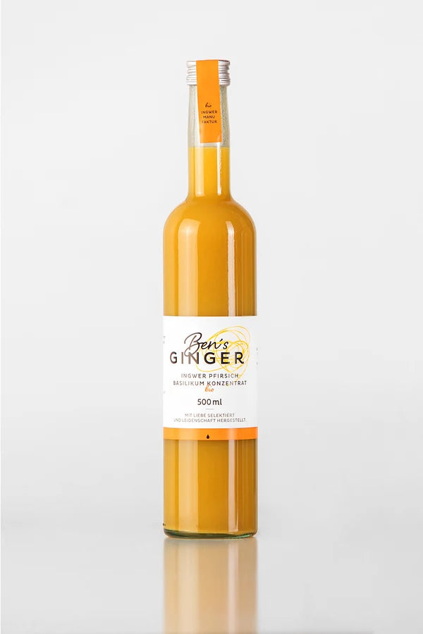 Ekologiškas imbierų koncentratas su persikais ir tailandietiškais bazilikais | Ben's Ginger Ben's Ginger