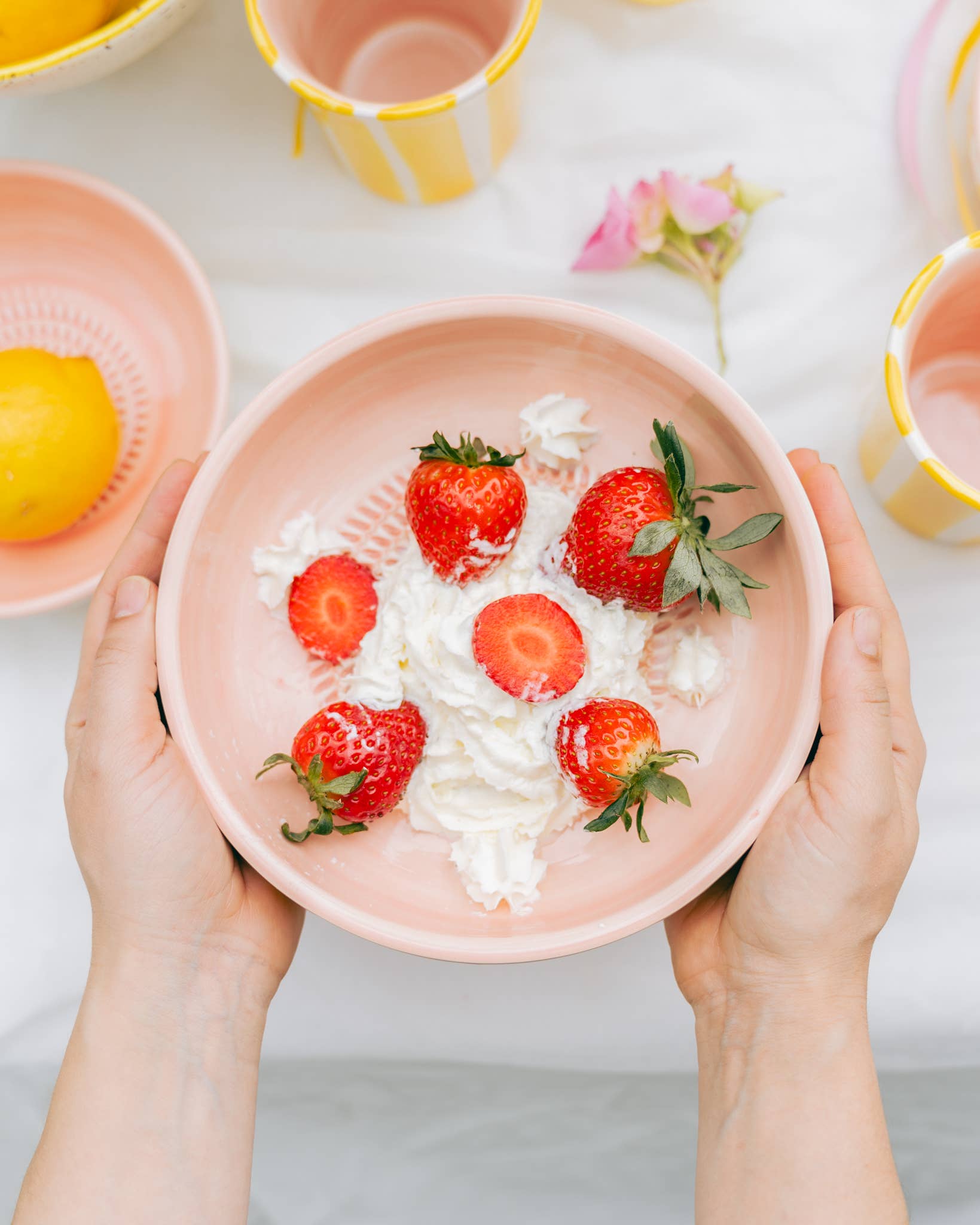 Vintažinis keramikos dubuo su tarka – rožinė ir geltona / VALENTINA