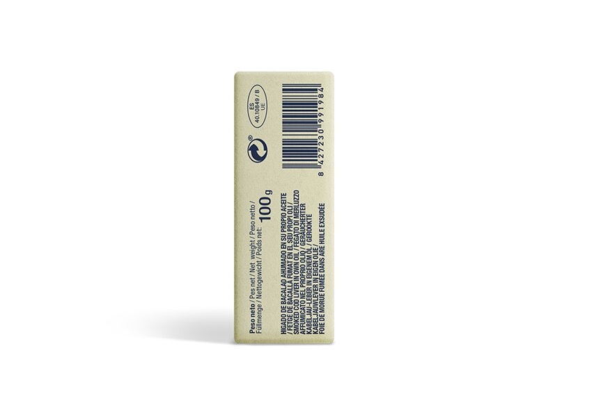 Rūkytos menkių kepenys savo aliejuje, 100 g | Espinaler – šoninis vaizdas | Beata Nicholson