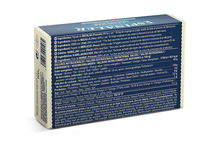 Rūkytos menkių kepenys savo aliejuje, 100 g | Espinaler – galinis vaizdas | Beata Nicholson