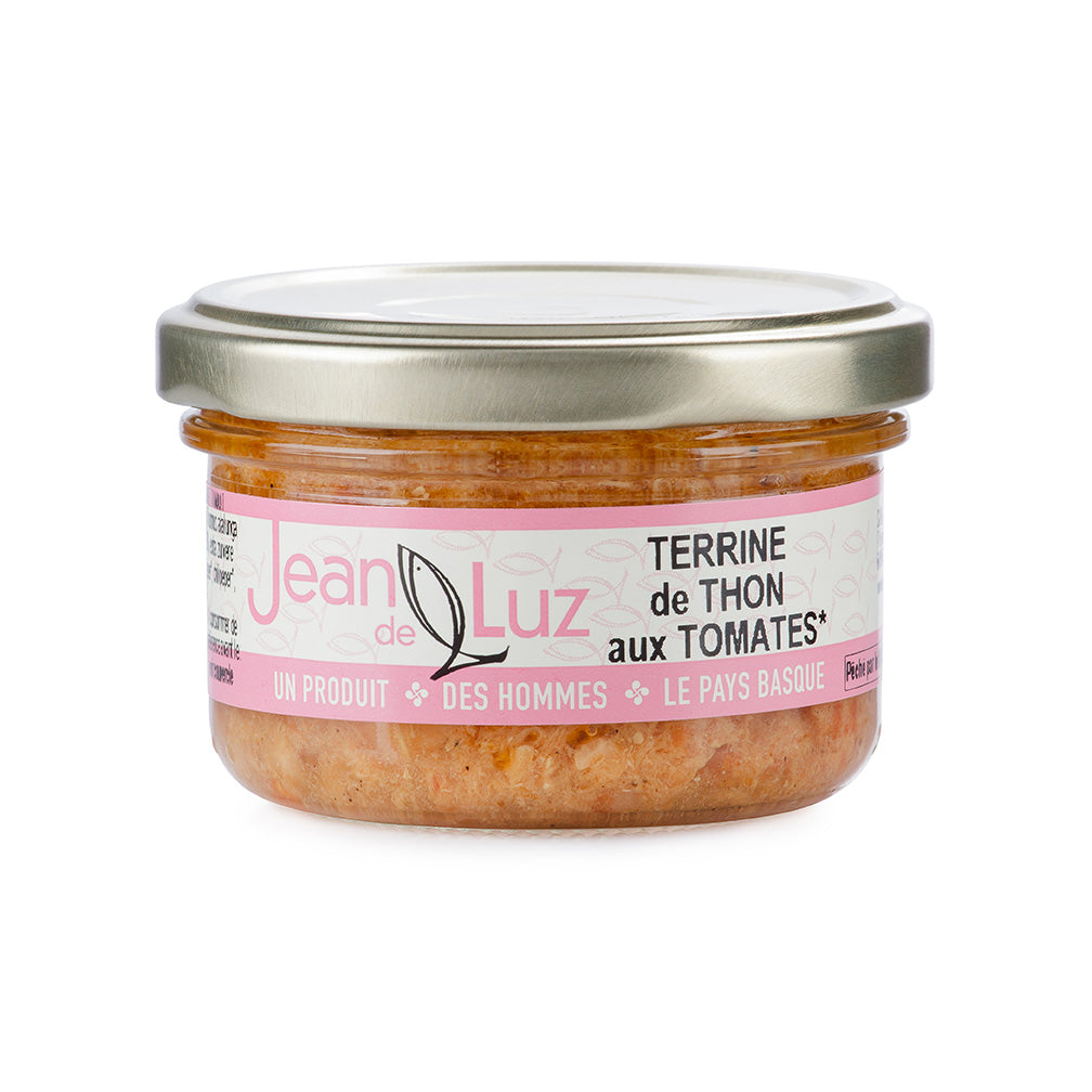 Žuvies terinų rinkinys: tunas, skumbrė ir sardinės, 3 × 85 g | Jean de Luz – detalė – tuno su pomidorais terino stiklainis | Beata Nicholson