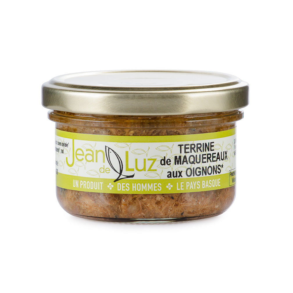 Žuvies terinų rinkinys: tunas, skumbrė ir sardinės, 3 × 85 g | Jean de Luz – detalė – skumbrių su svogūnais terino stiklainis | Beata Nicholson