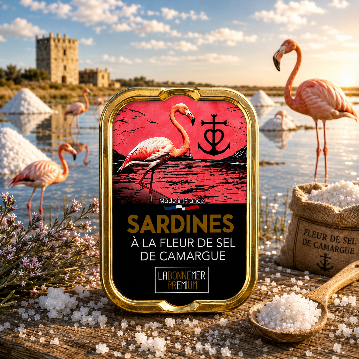Sardinės su Camargue „fleur de sel“ druska Kamargo druskynų ir flamingų fone | Beata Nicholson
