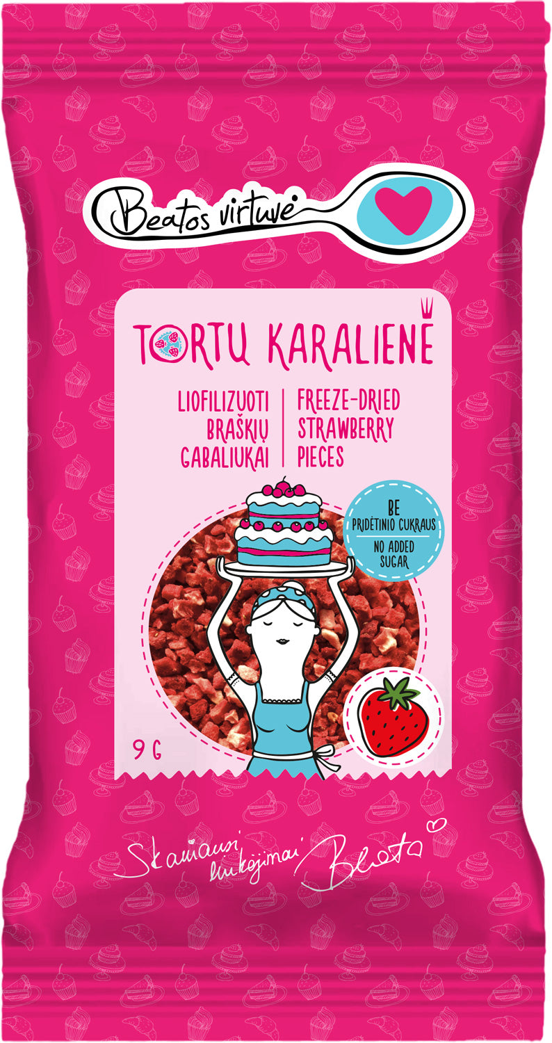 Liofilizuotų braškių gabaliukai „Tortų karalienė“ | Natūralūs pabarstukai, 9 g Beatos.lt
