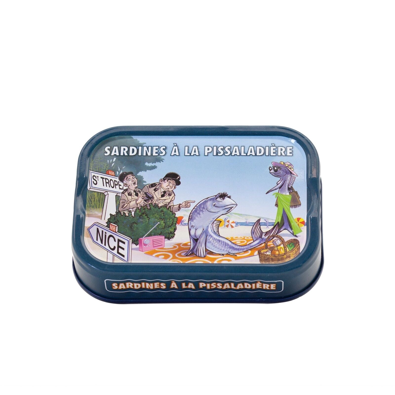 Prancūziškų sardinių à la pissaladière 115 g skardinė su iliustruotu Nicos paplūdimio piešiniu, La Bonne Mer