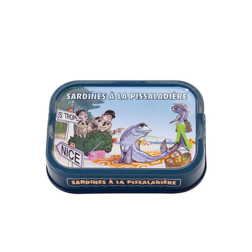 Prancūziškų sardinių à la pissaladière 115 g skardinė su iliustruotu Nicos paplūdimio piešiniu, La Bonne Mer